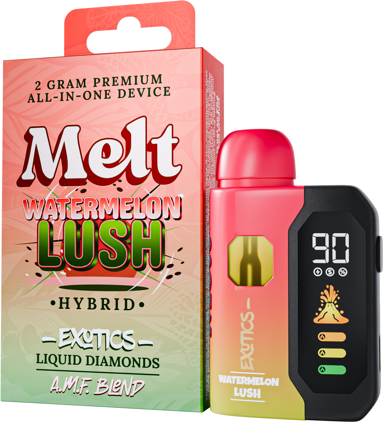 Melt Watermelon Lush hybrid vape device showcasing AMF Hybrid, perfect for THCA flower and HHC vapes.
