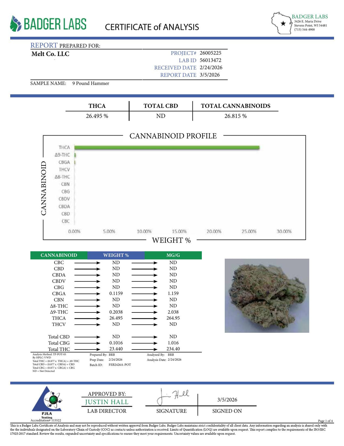 Lab report - 9 Pound Hammer THCA potency analysis