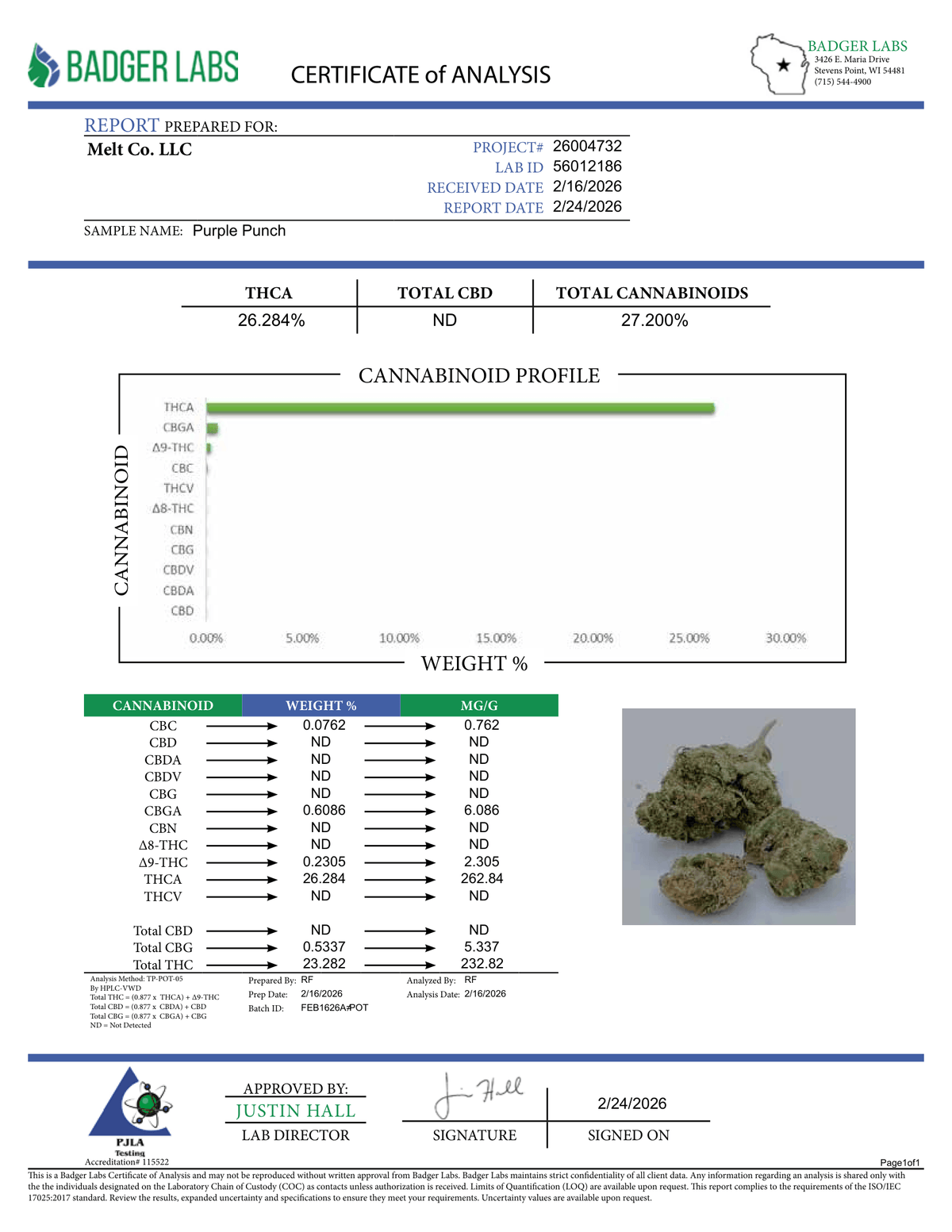 Lab report - Purple Punch THCA potency analysis certificate (COA)