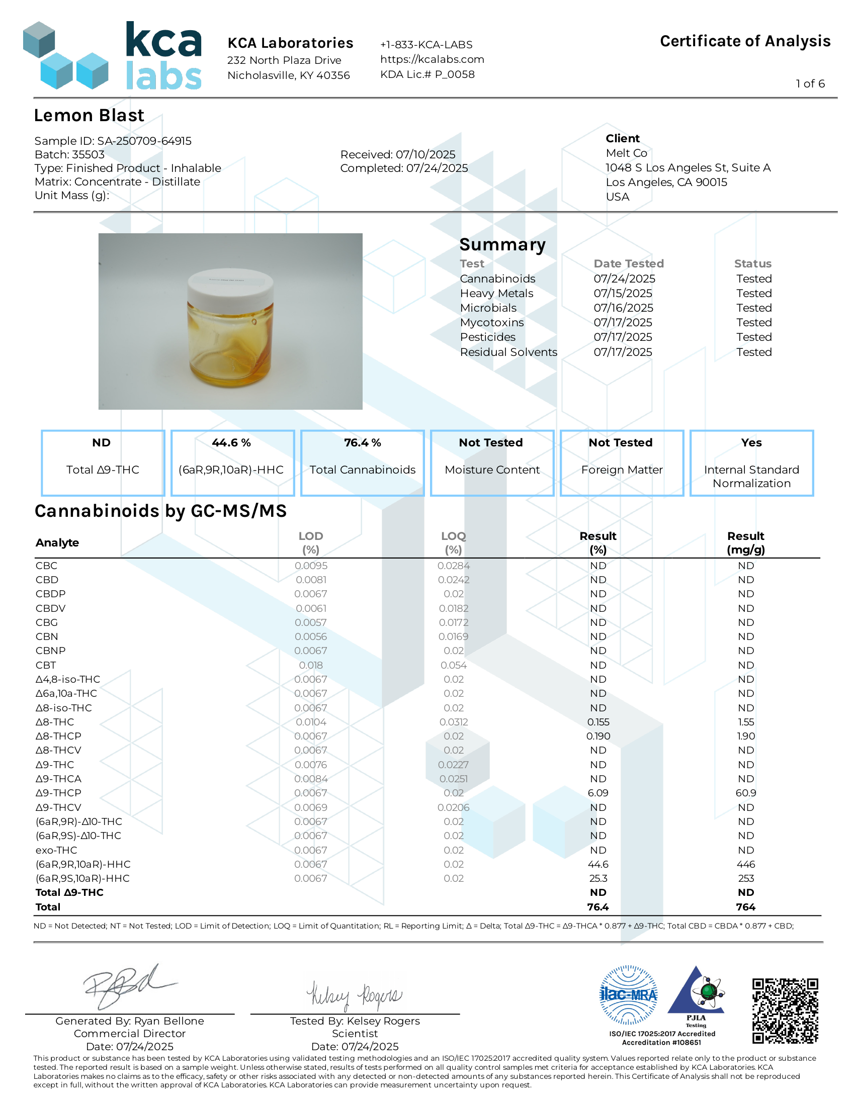Lab report - Lemon Blast AMF Blend potency analysis certificate (COA)