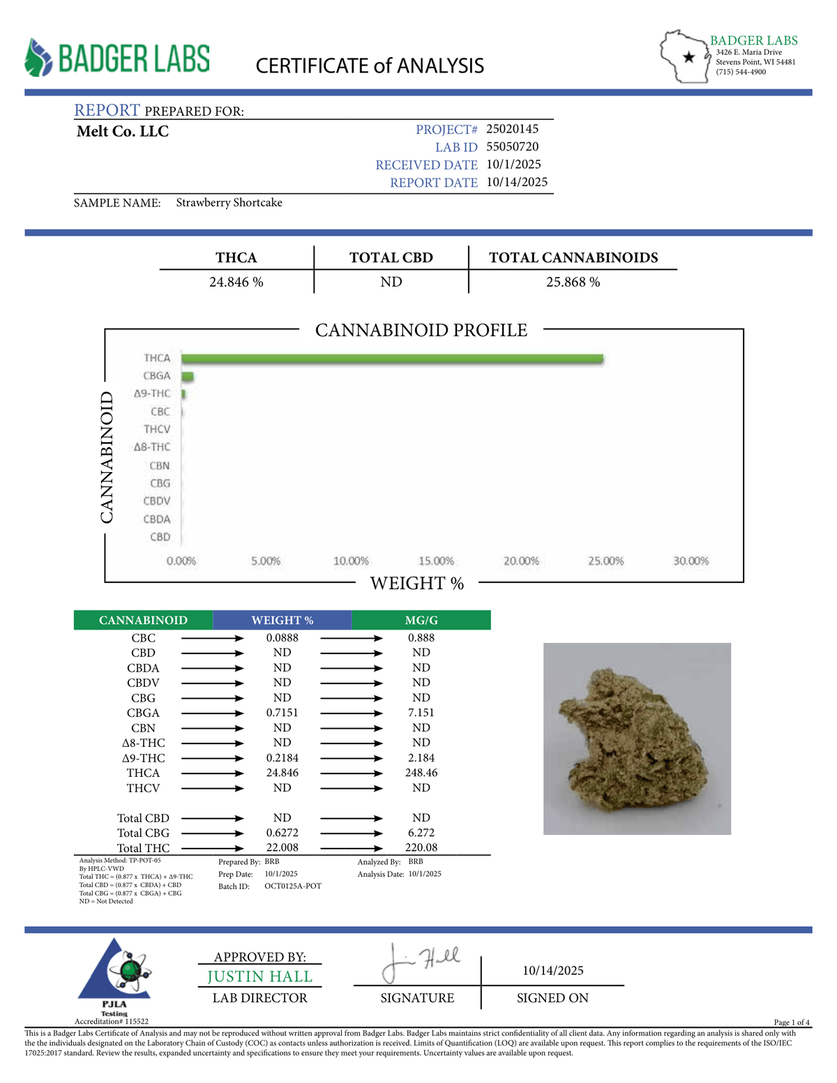 Lab report - Strawberry Shortcake THCA potency analysis certificate (COA)